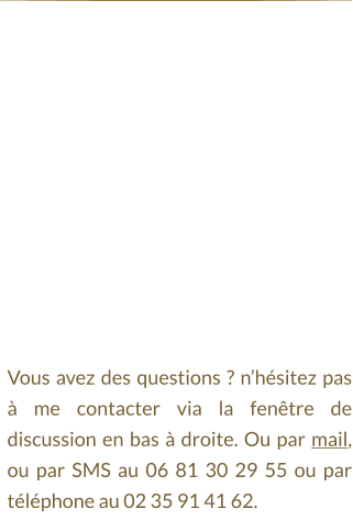 Vous avez des questions ? n’hésitez pas à me contacter via la fenêtre de discussion en bas à droite. Ou par mail, ou par SMS au 06 81 30 29 55 ou par téléphone au 02 35 91 41 62.