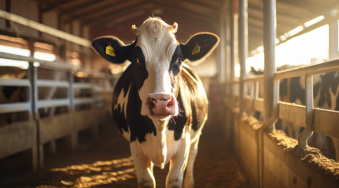 Une vache paisible dans une étable, au repos, après le passage du guérisseur magnétiseur pour animaux pour un meilleur bien-être et équilibre au sein de son troupeau.