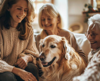 Image touchante d'un vieux chien entouré affectueusement par sa famille