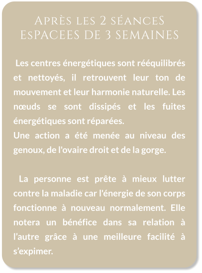 Après les 2 séanceS EsPACEES DE 3 SEMAINES   Les centres énergétiques sont rééquilibrés et nettoyés, il retrouvent leur ton de mouvement et leur harmonie naturelle. Les nœuds se sont dissipés et les fuites énergétiques sont réparées.   Une action a été menée au niveau des genoux, de l'ovaire droit et de la gorge.      La personne est prête à mieux lutter contre la maladie car l'énergie de son corps fonctionne à nouveau normalement. Elle notera un bénéfice dans sa relation à l’autre grâce à une meilleure facilité à s’expimer.