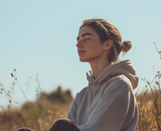 Une jeune femme assise dans la nature, les yeux fermés, pratiquant la relaxation. Elle est sereine et entourée d'un paysage calme et lumineux. L'image illustre l'importance de la détente et de la respiration pour le bien-être, en lien avec le soutien aux 