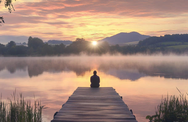 Une personne vue de dos, assise devant un lac calme entouré de nature paisible, symbolisant l’apaisement et la sérénité retrouvés après avoir surmonté la dépression.